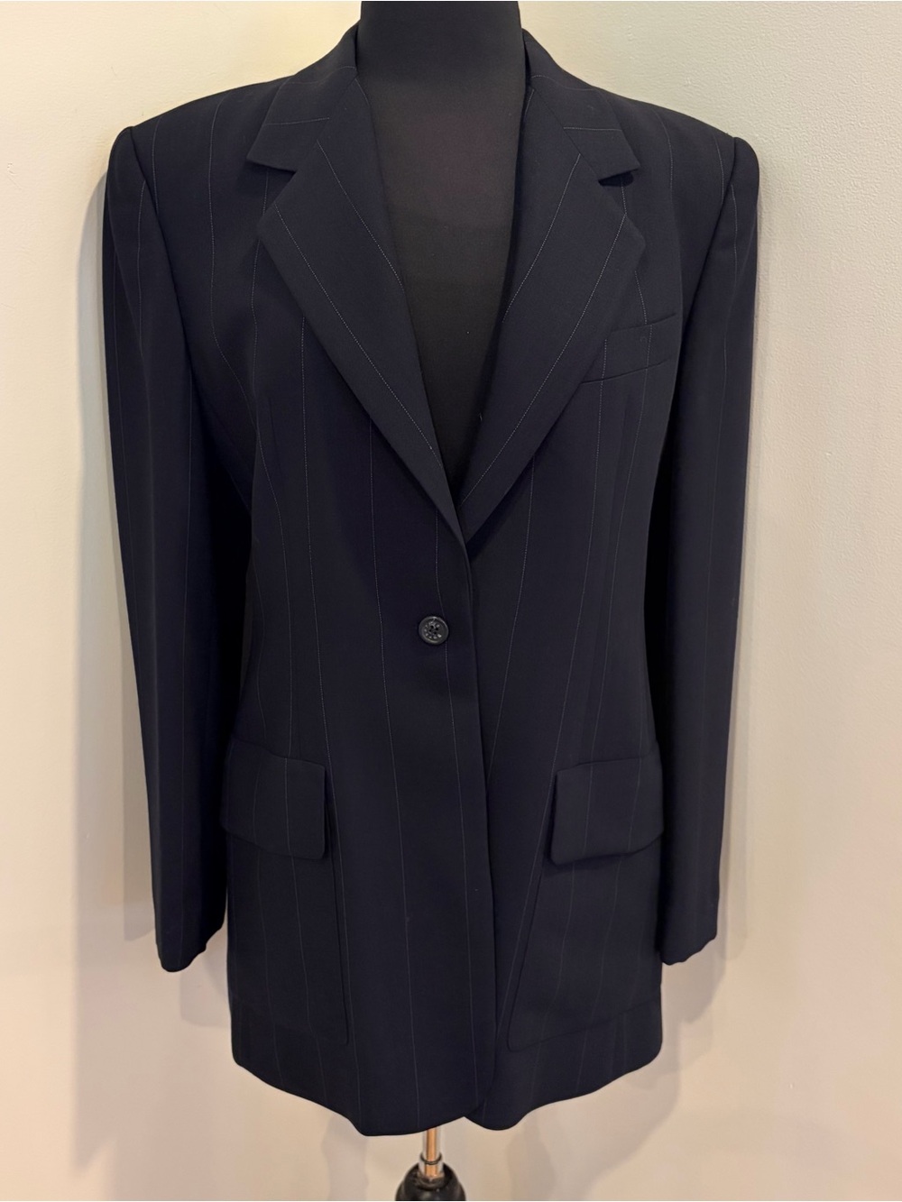Vintage Burberrys London Womens Navy Pinstripe Wool Blazer Jacket 12 Oversized